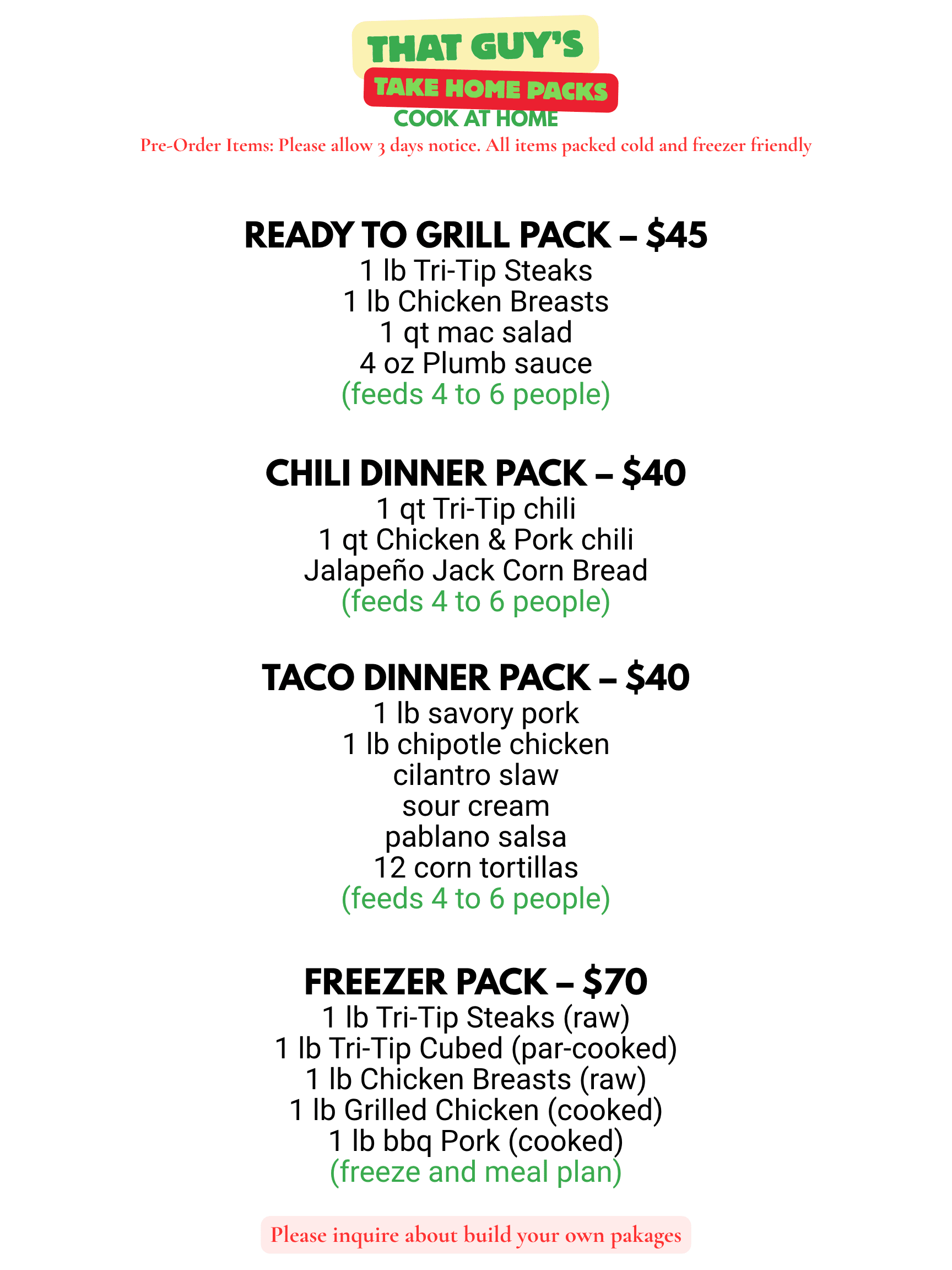 Menu with Ready to Grill, Child Dinner, Taco Dinner, and Freezer packs including various meat and sides.