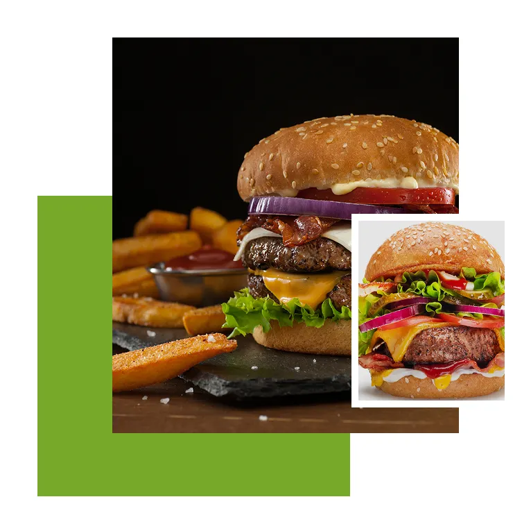 Delicious cheeseburgers with fries and toppings.