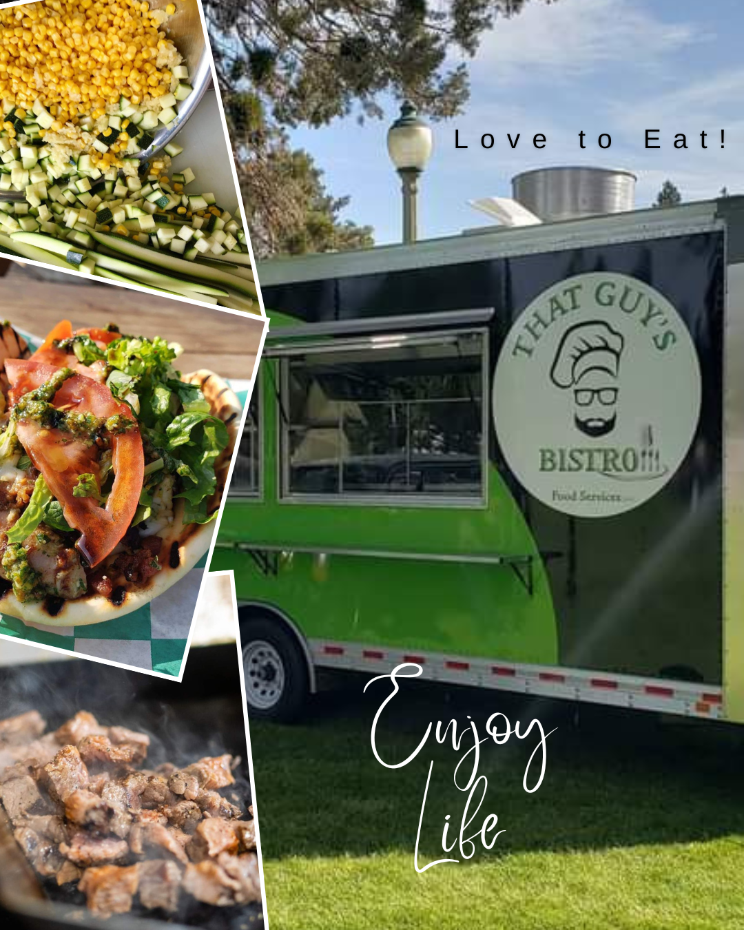 Green food truck serving healthy salads in an outdoor setting.