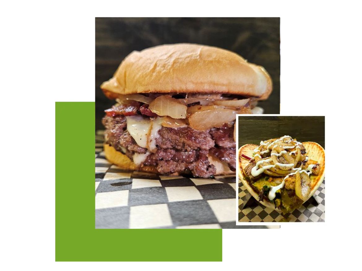 A stacked pastrami sandwich with fries topped with cheese and bacon.