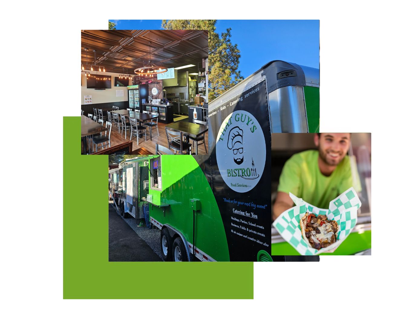 A vibrant coffee shop with outdoor seating and a barista holding a cup.