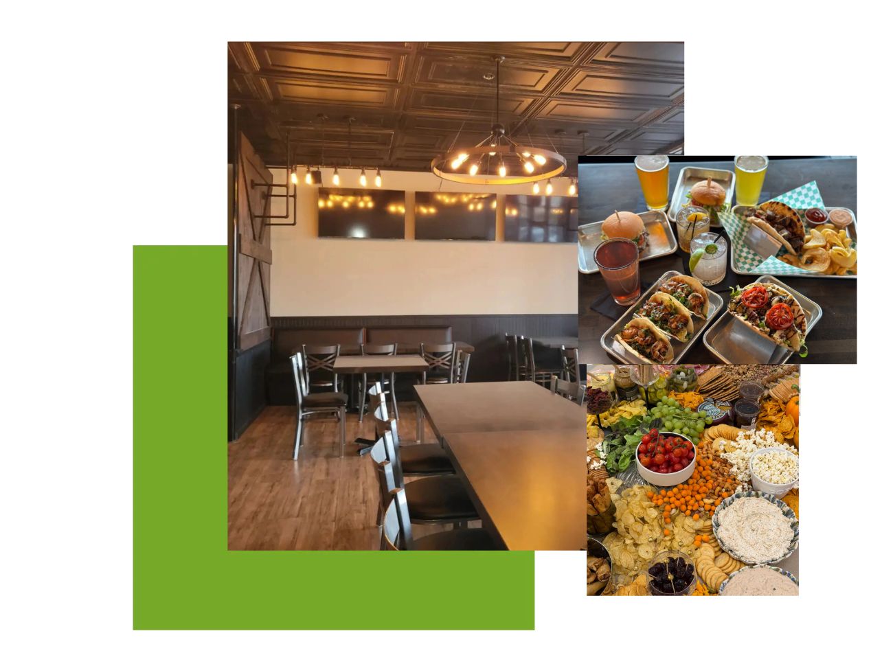 Cozy restaurant interior with warm lighting and a collage of diverse dishes.